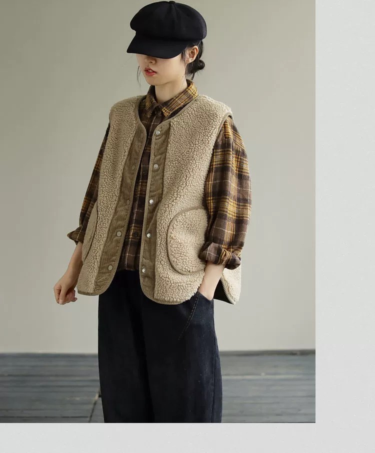 Gilet in pelliccia di agnello bifacciale per donna autunno e inverno Nuovo gilet retrò artistico ampio in velluto a coste cappotto positivo e negativo cappotto imbottito in cotone_voghion.com