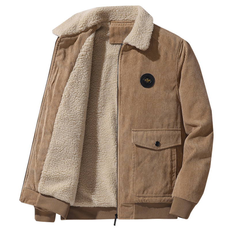 Autumn and Winter New Corduroy Lambswool Jacket Jacket Men's Loose Fleece-lined Thickened Casual Lapel Jacket for Men