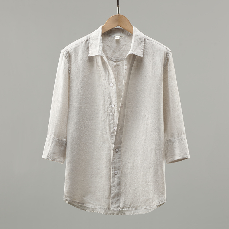 926 Pure Linen White Men's Shirt Three-quarter Sleeve Linen Material Loose Thin Breathable Solid Color Shirt Men's Middle Sleeve