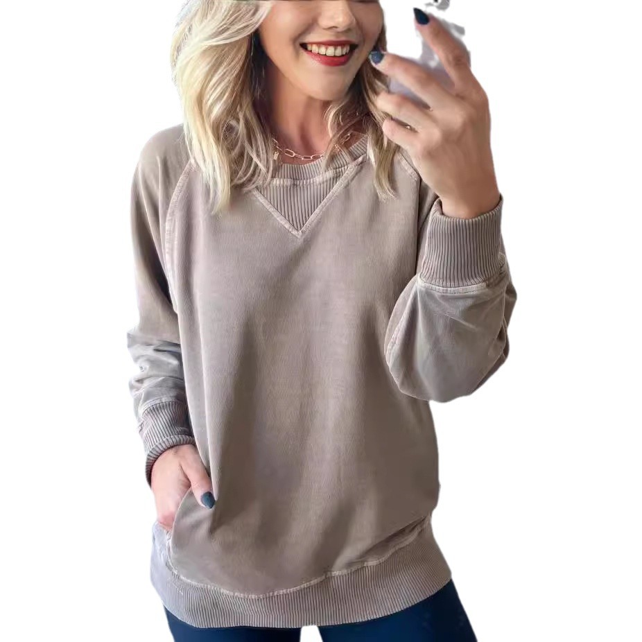 European and American Cross-border Autumn and Winter New Women's Rib Decorative Pocket Pullover Amazon Explosions Long Sleeve Loose Sweater