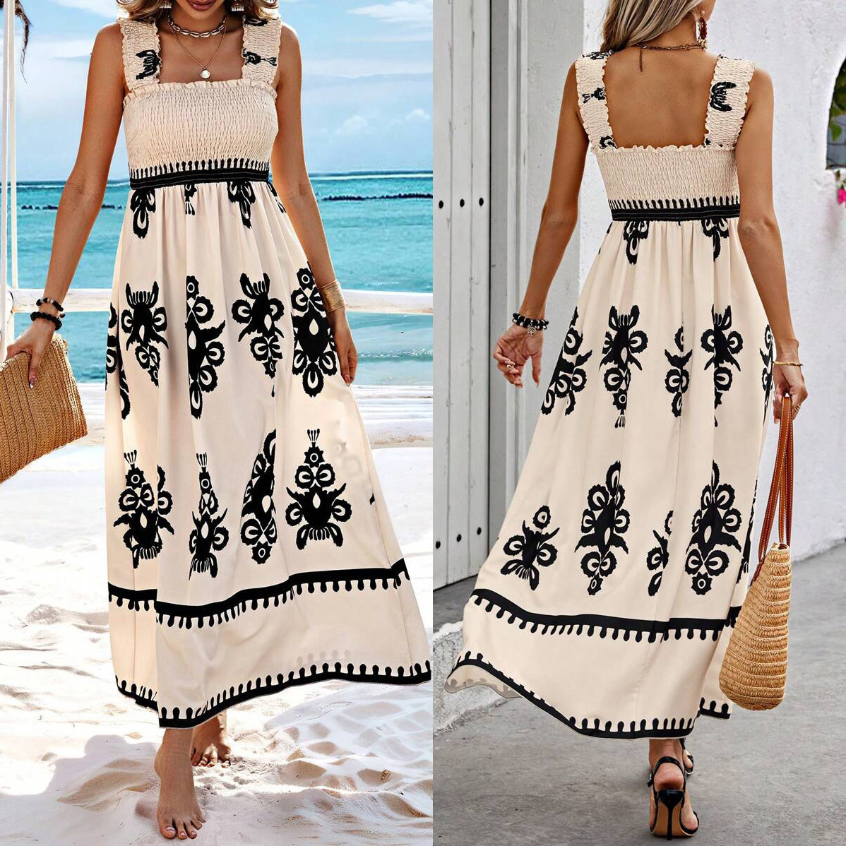 2024 European and American New Women's Clothing Amazon Hot Selling Women's Beach Dress Vacation Style Printed Chest Wrap dress
