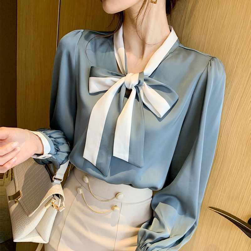 Bow professional shirt women's long sleeve 2023 early autumn new top design niche spring and autumn chiffon shirt