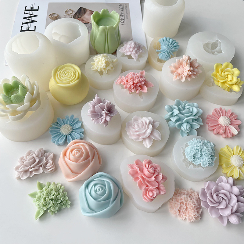 複数の花のシリカゲル金型diyチョコレートの砂糖バラの花の滴ゴム香薫石膏ろうそく金型|undefined