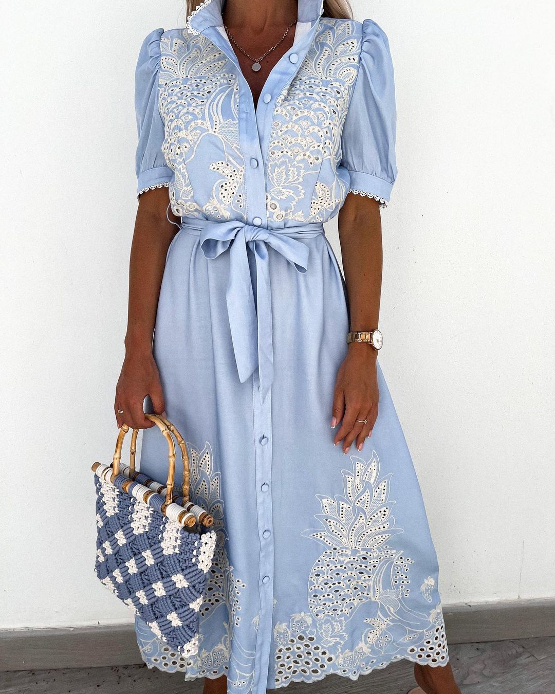European and American Women's Amazon Summer New Hollow Short-sleeved Belted Large Waist Dress