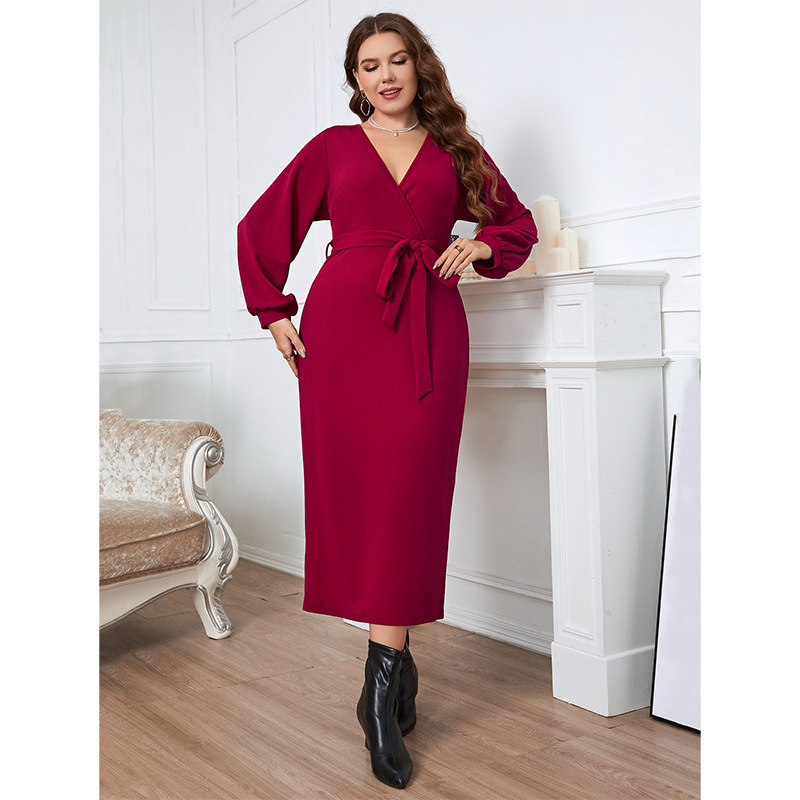 Independently developed European and American foreign trade Amazon AliExpress spring and autumn V-neck red long-sleeved slim dress