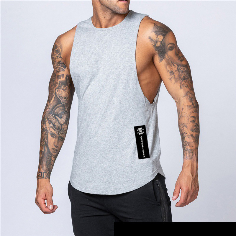 Men's new summer loose waistcoat men's right side long label printed bodybuilding fitness sleeveless vest