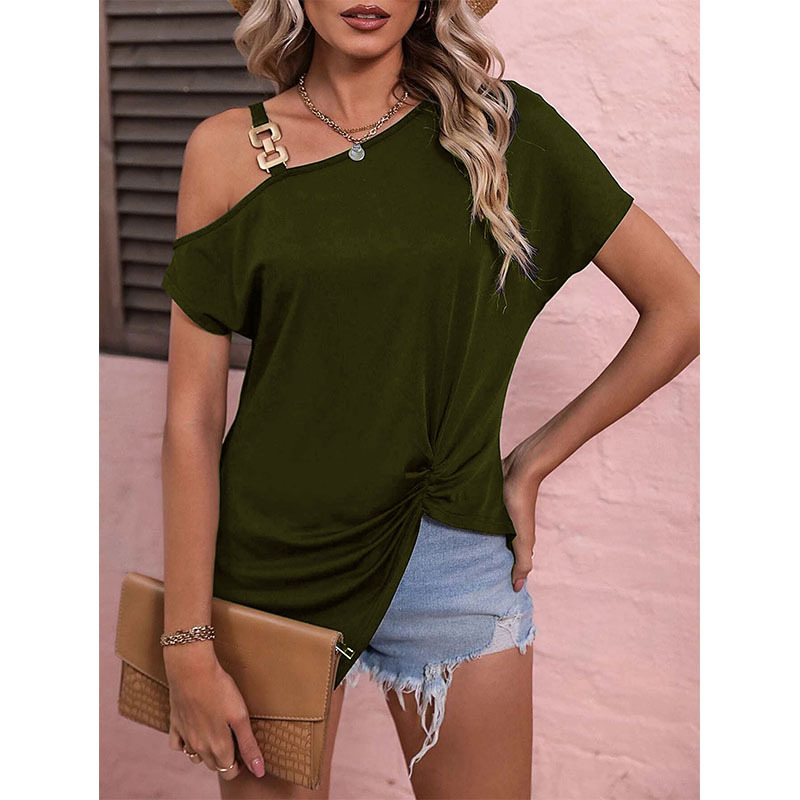 Independent station Amazon hot selling women's clothing 2023 Summer new elegant one-shoulder buckle short sleeve T-shirt top