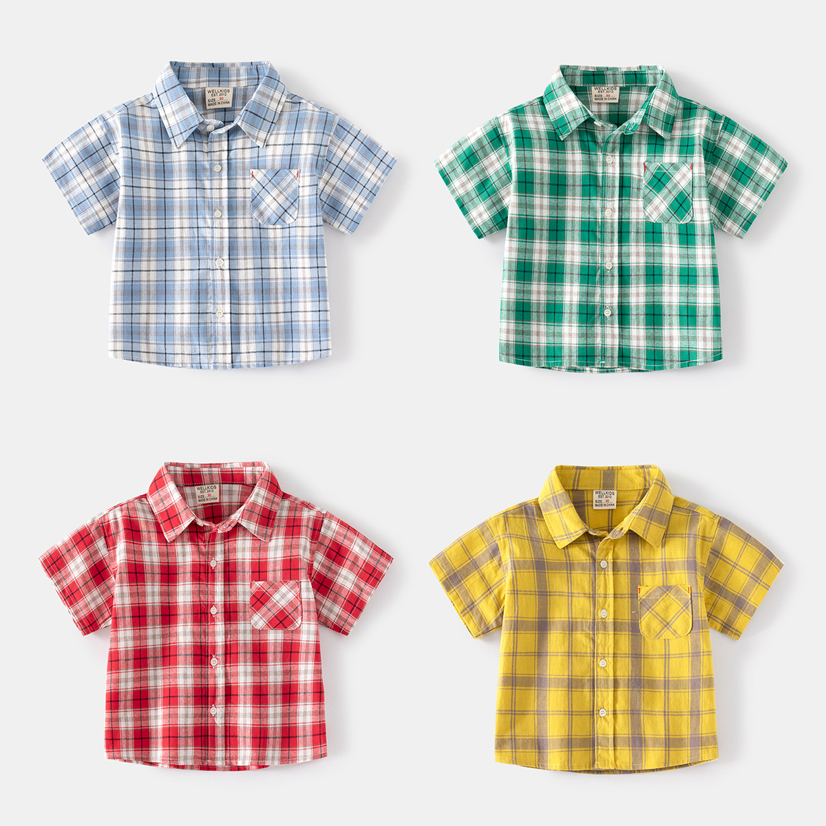 Summer Stylish Collar Boys' Short-sleeve Ice Blue Small Check Children's Shirt Home Leisure Medium and Small Children's Check Shirt