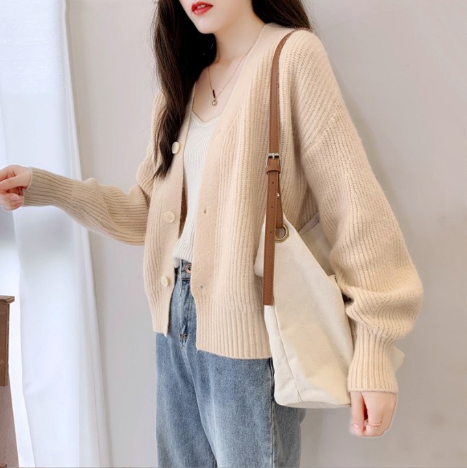 Spring and Autumn Sweater French V-neck Candy-colored Top Long-sleeved Women's Cardigan Outer Loose Knitted Sweater Jacket Women's Fashion