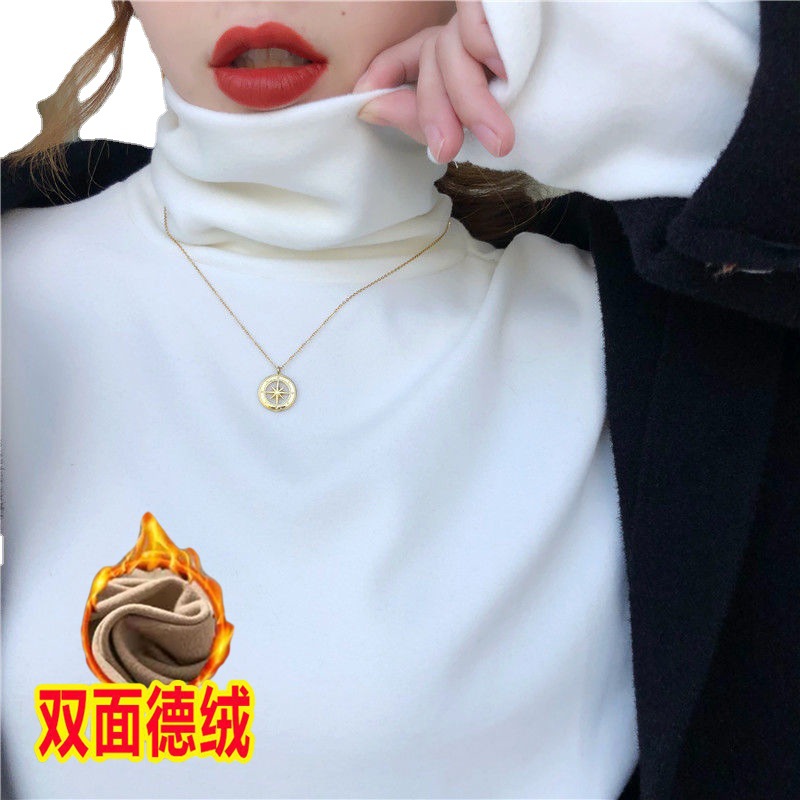 Double-sided Velvet High Collar Base Shirt Women's Autumn and Winter New Slim-fit Foreign-style Inner Thickened Warm Long-sleeved T-shirt for Women