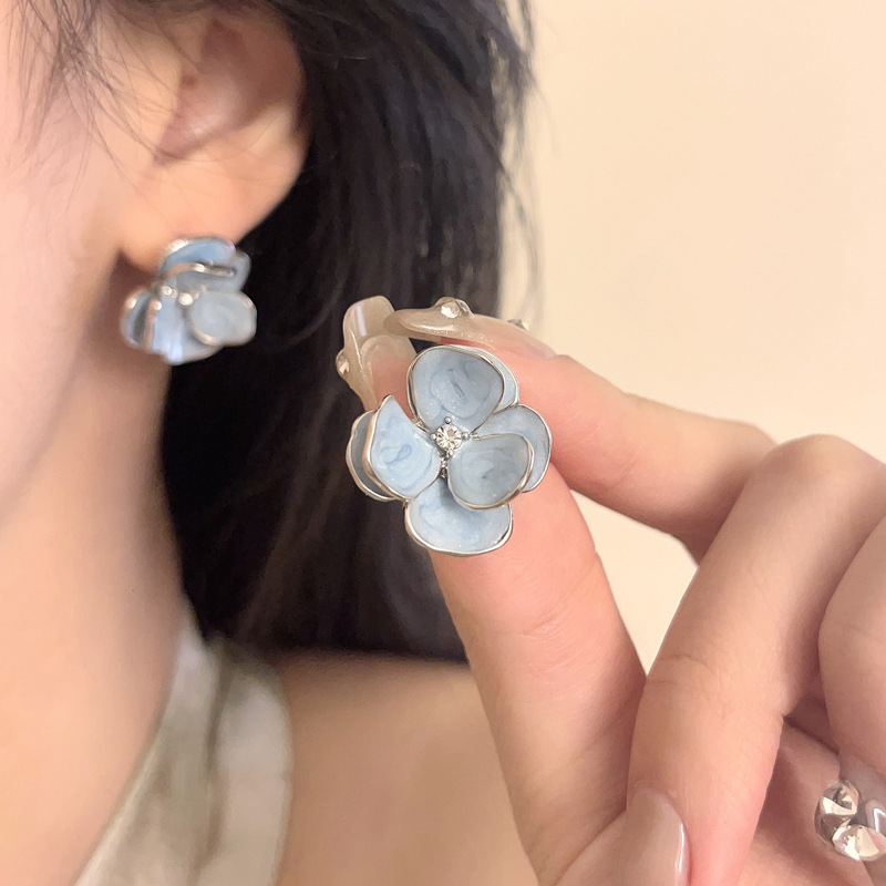 Original Design S925 Silver Needle Blue Mori Flower Earrings Sweet High-end Drop Glaze Diamond Earrings Women's 7593