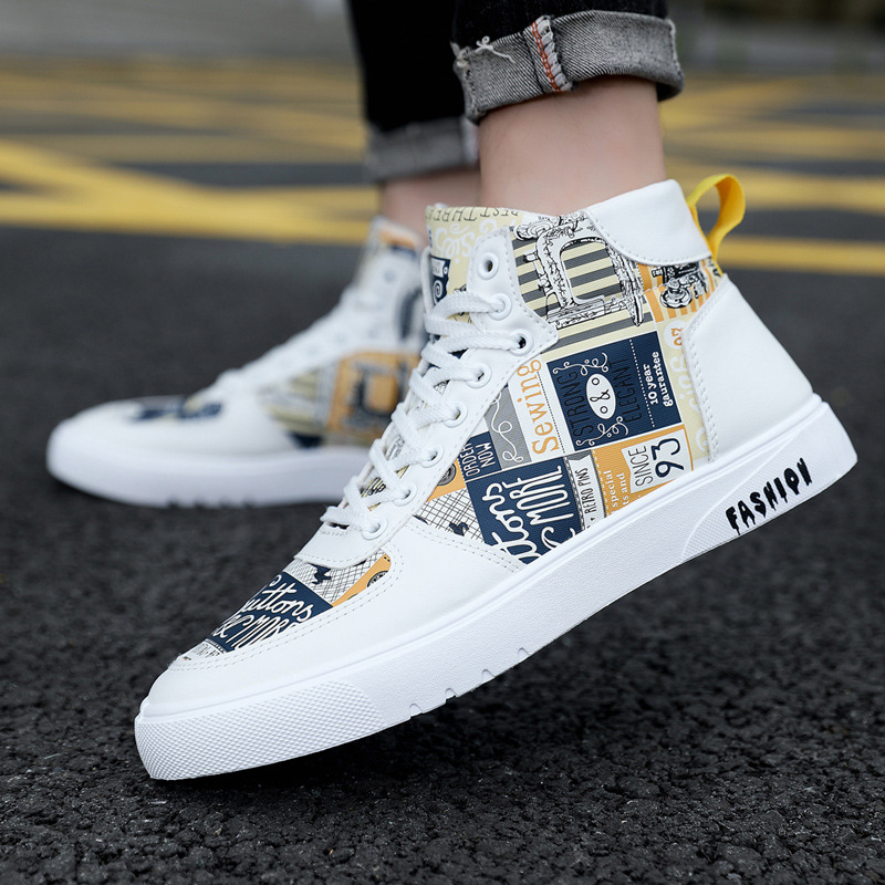 2024 autumn new trendy men's shoes personalized graffiti high-top men's shoes casual Four Seasons student sports board shoes men's fashion shoes