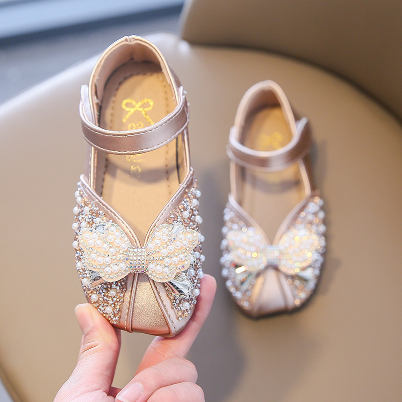 Popular Pearl Soft Sole Girl Princess Shoes Autumn New Fashion Girl Shoes Korean Style Bow Children's Crystal Shoes