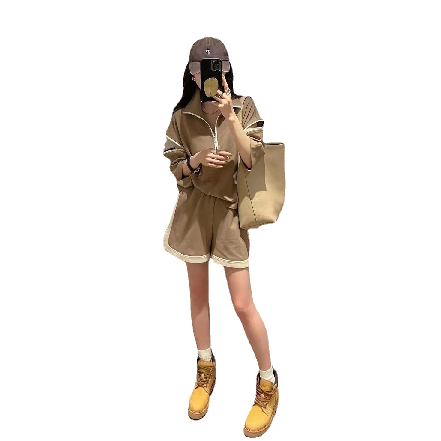 Fashion Casual Sports Suit Women's European Station Spring and Summer New Zipper Lapel Wide Leg Shorts Design Sense Two-piece Fashionable Suit