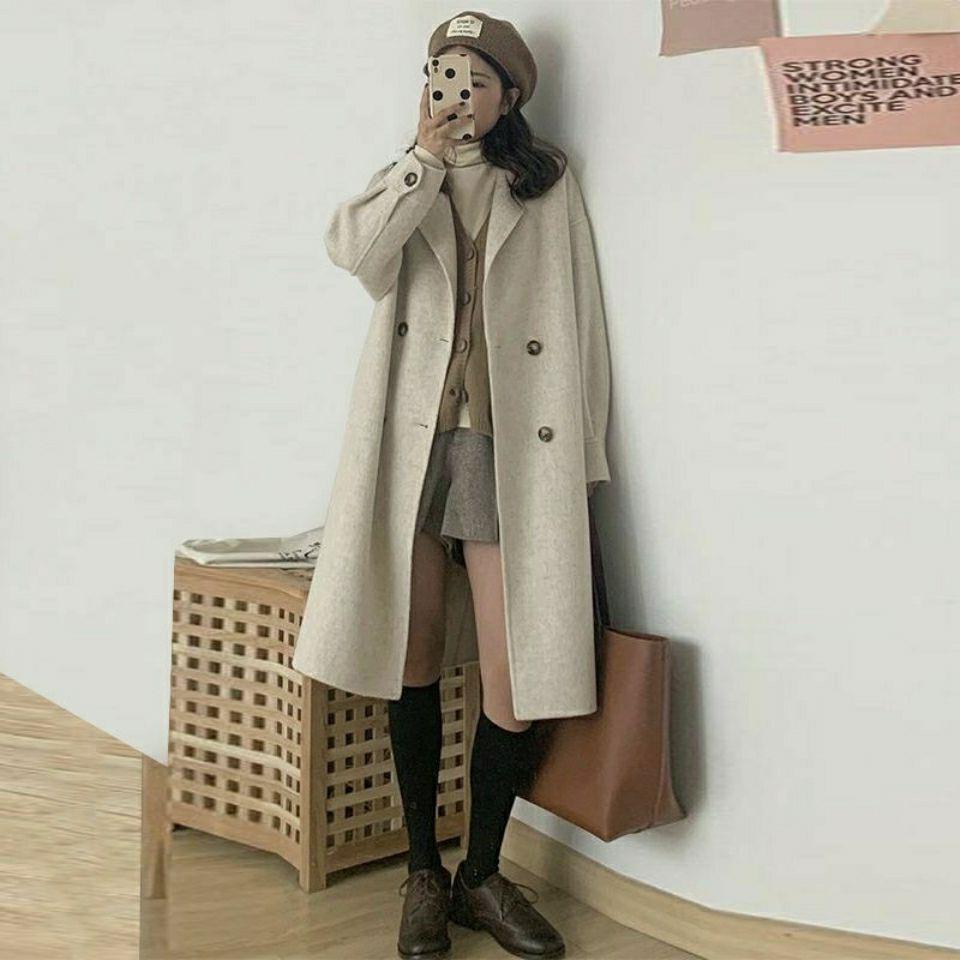 Wollmantel Damen Mittellang Klein Frühling und Herbst Neuer Hepburn-Stil Koreanischer Lockerer Beliebter Wollmantel Strickjacke_voghion.com