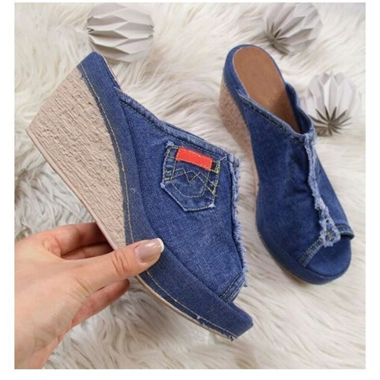 European and American Foreign trade plus size 35-45 sandals 2021 summer denim wedge peep toe slippers casual women's shoes