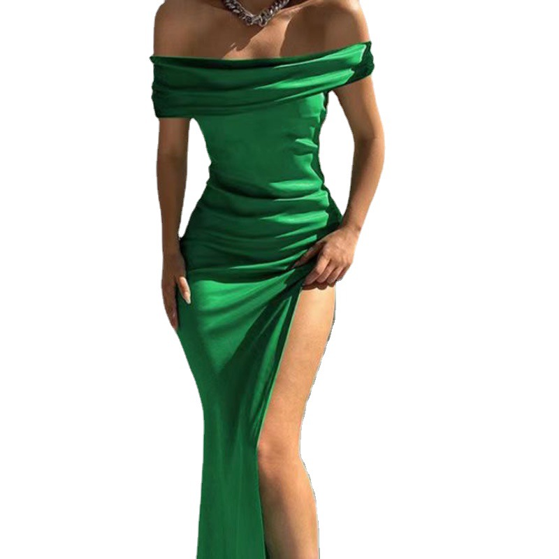Foreign Trade New Tight Dress Women's Solid Color Sleeveless Mid-length One-neck Dress Sexy Dinner Dress