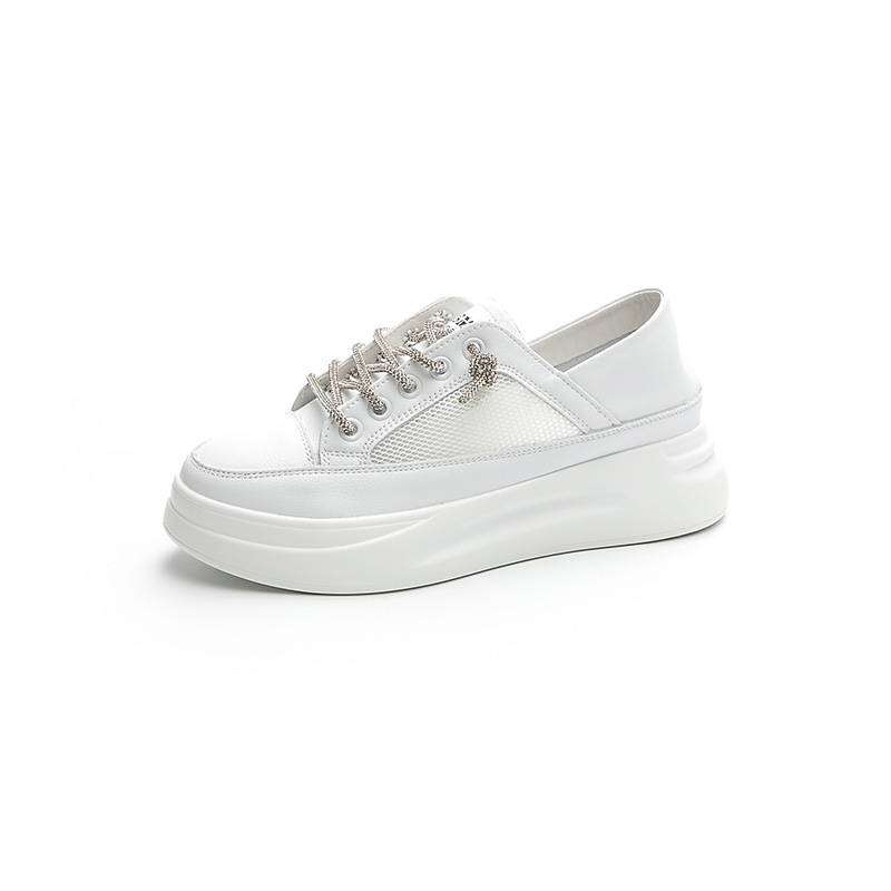 Breathable Mesh White Shoes Women's 2023 Summer Platform Height-increasing Casual Single-layer Shoes Rhinestone Shoelaces Fashion Sneakers