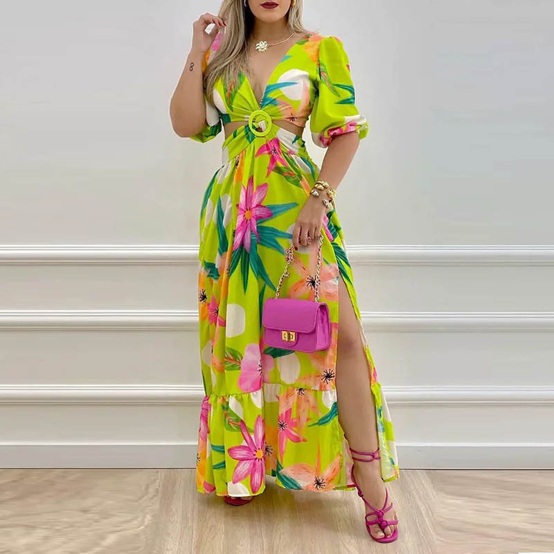 2024 Amazon cross-border foreign trade Europe and the United States women's summer fashion personality collar printed waist dress