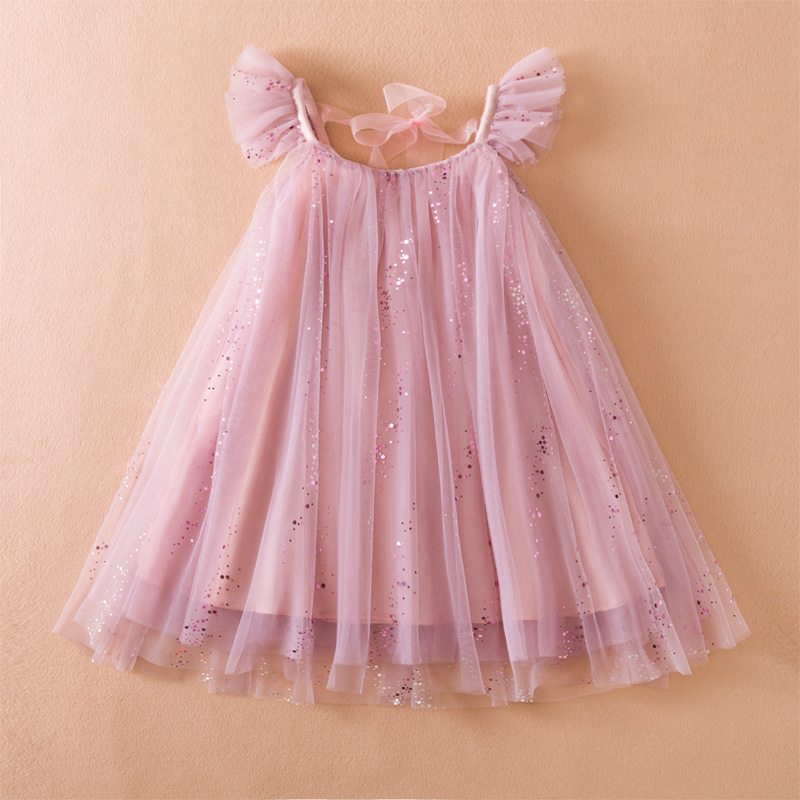 2023 Summer New Girls' Dress Korean Style Flying Sleeve Princess Dress Children's Mesh Ponte Dress Fairy Dress