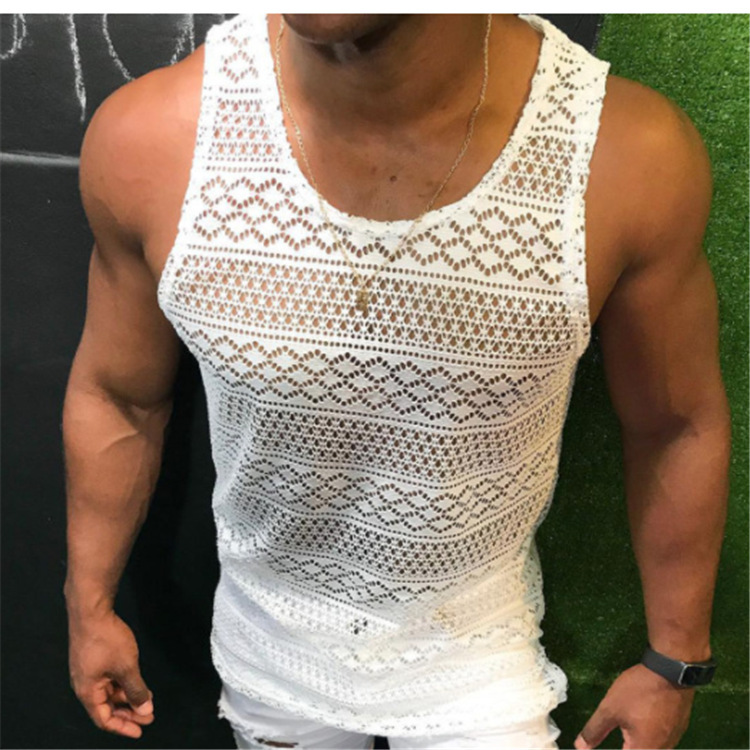Summer European and American men's New hollow breathable vest cross-border foreign trade Men's top Tank top slim T-shirt