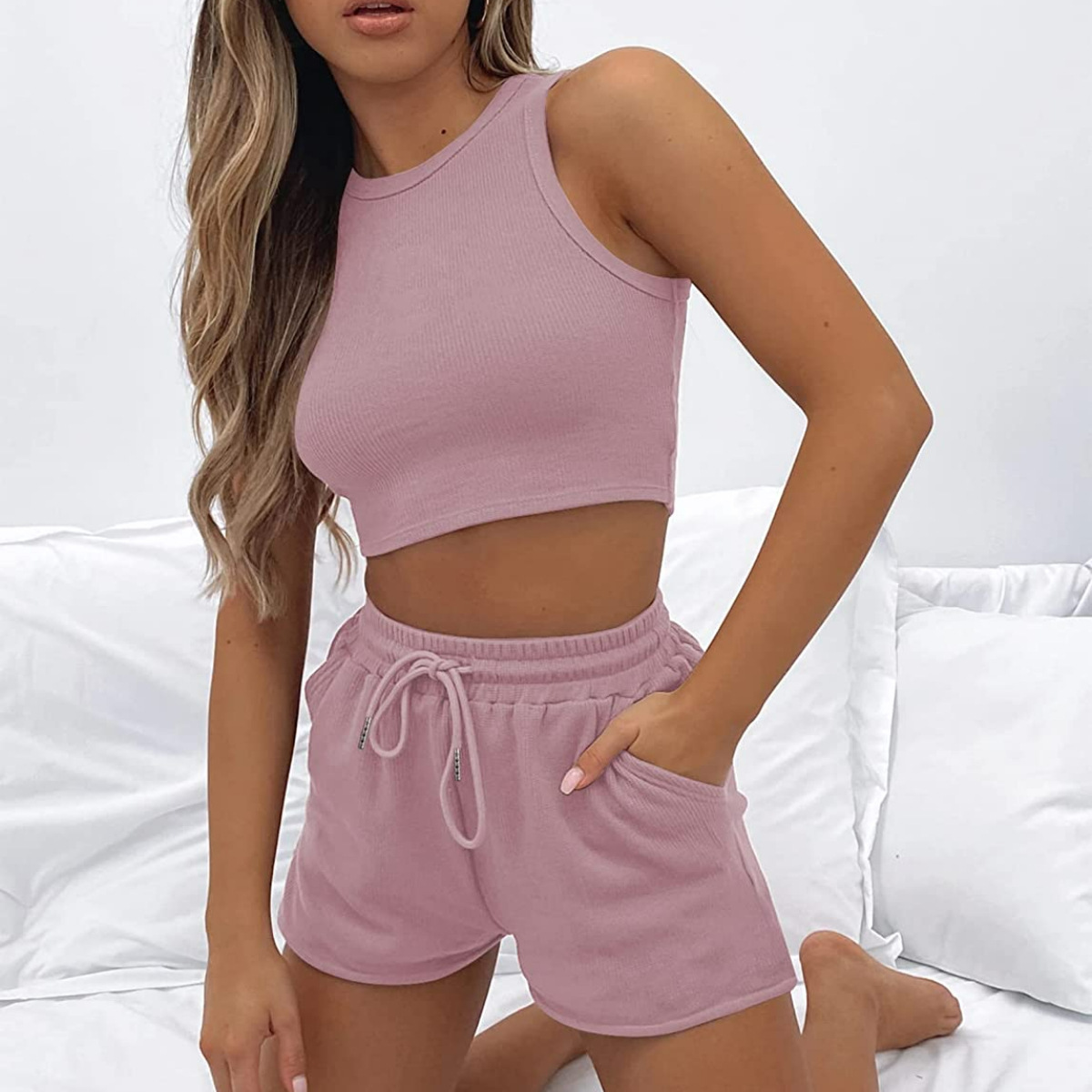 2024 Cross-border Summer New Sleeveless Waffles Set Solid Color Vest Fashion Casual Short 2-piece Set for Women