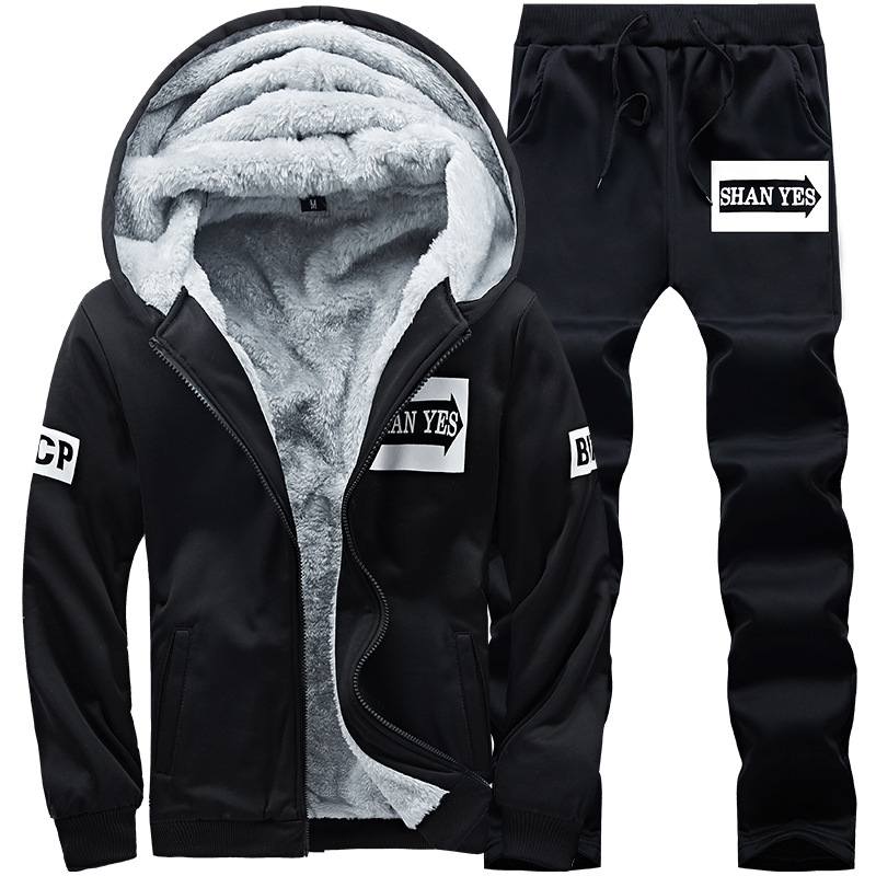 Men's Winter Fleece-lined Thickened Sweater Men's Autumn and Winter Warm Clothes Pants Set Sportswear Baseball Shirt