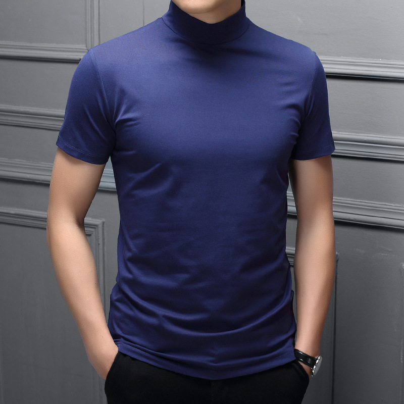 A generation of spring and summer men's half-high collar milk silk short sleeve slim T-shirt men's high collar trend base shirt