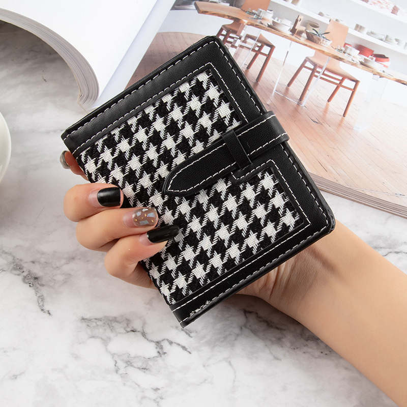 Korean-style small wallet for women, short-length minimalist houndstooth small clutch, Hong Kong-style retro ultra-thin student foldable money clip for women