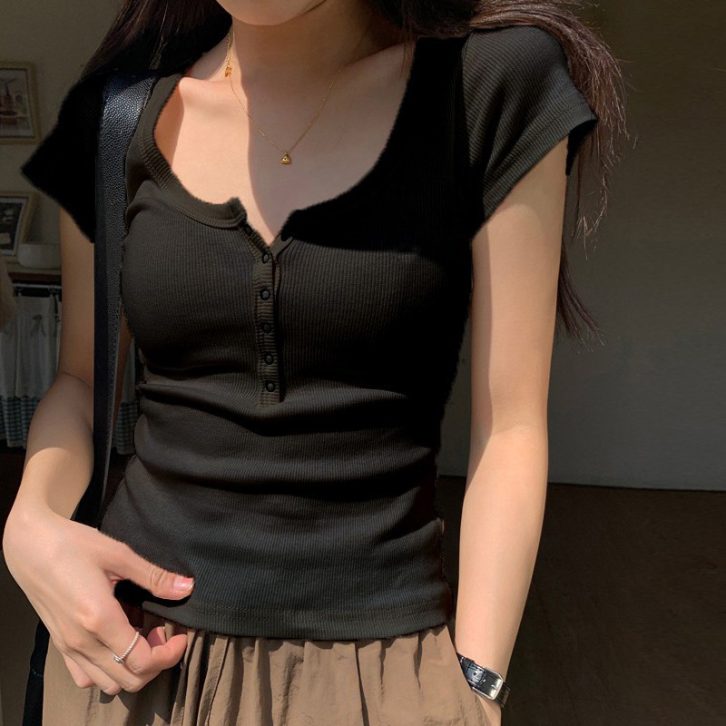 Threaded cotton button T-shirt women's short sleeve 2024 Summer new square collar versatile outer wear slim slimming top bottoming shirt
