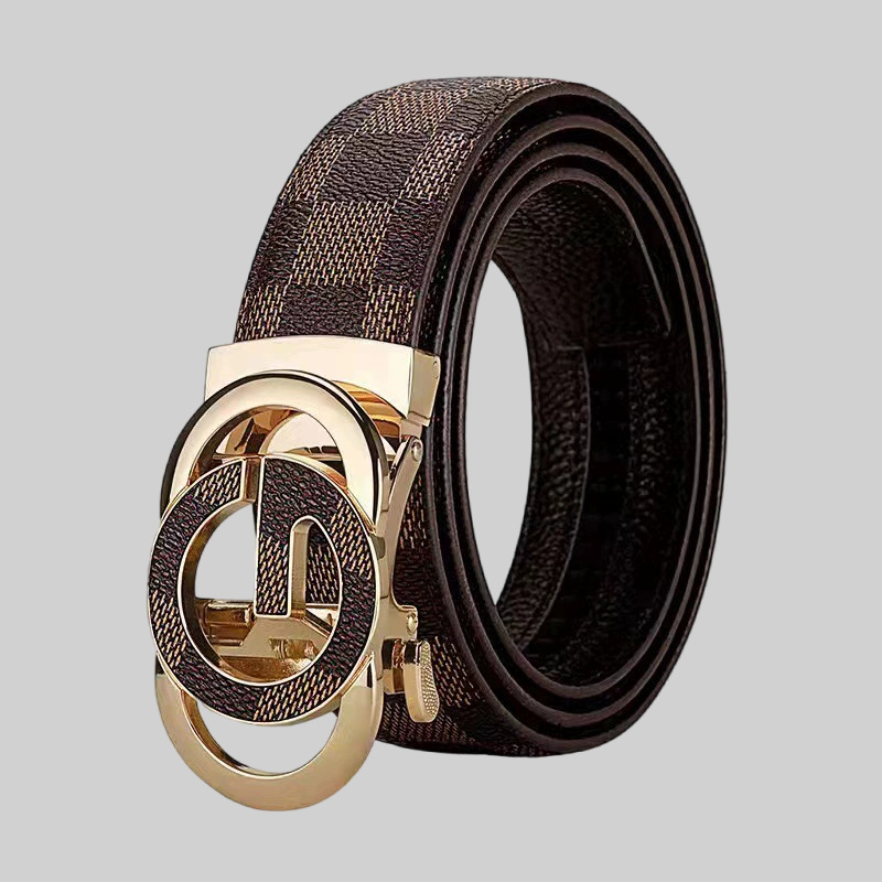 Belt Men's Plaid Belt Genuine Leather High-end Automatic Buckle Two-layer Pure Cowhide Men's Belt Light Luxury Trendy Casual