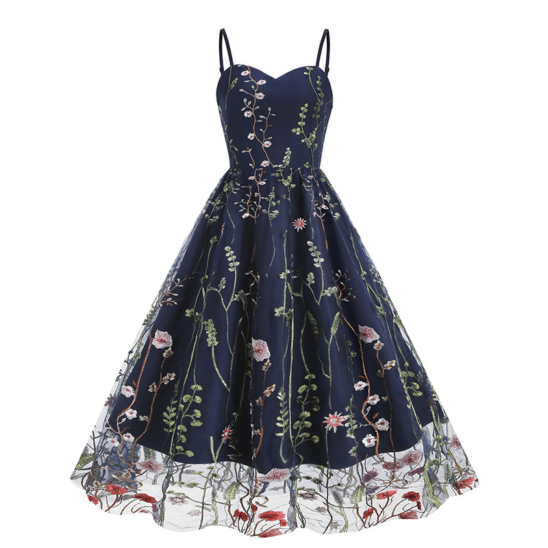 Amazon dress Europe and the United States cross-border strap embroidery mesh stitching explosions retro 50s Europe and the United States dress