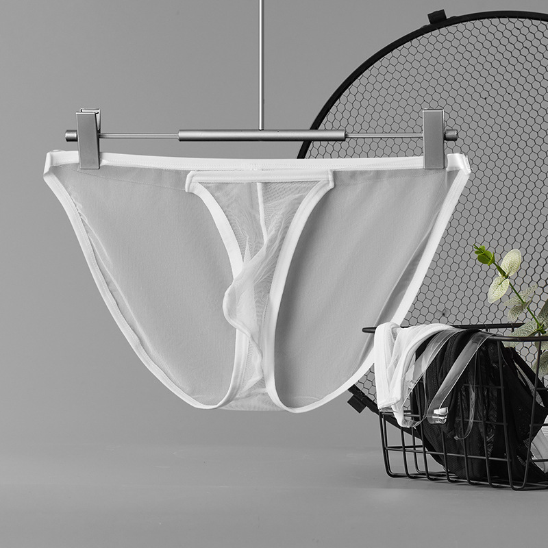 Full Mesh men's transparent thin ice silk single layer U convex low waist breathable sports sexy briefs underwear