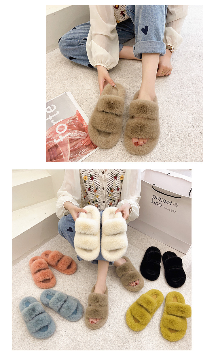Foreign trade large size double Mao Mao slippers women autumn and winter New wear flat bottom one-word warm cotton slippers women Wholesale_voghion.com