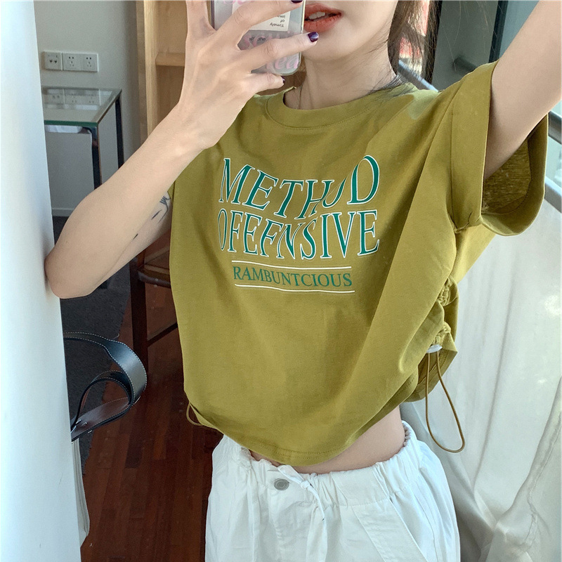 Design Sense Short-sleeved T-shirt Women's Summer Irregular Niche New Korean Style Chic Drawstring Loose Short Top ins