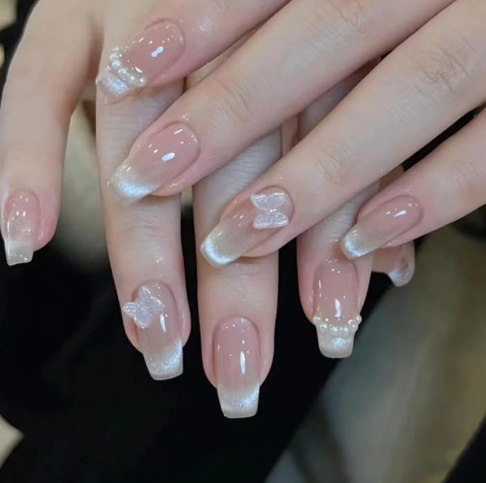 Ice pink smile cat eye detachable wear nail dream butterfly handmade spar cat eye finished fake nail patch