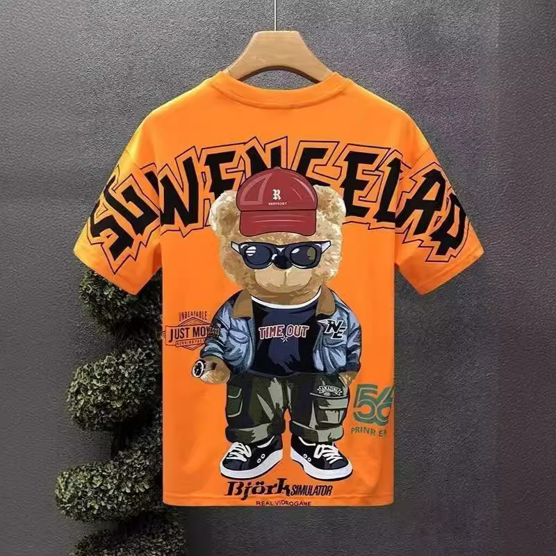 High quality drop shoulder cotton T-shirt men's 2024 Summer new fashion brand half sleeve top fun cartoon bear short sleeve t