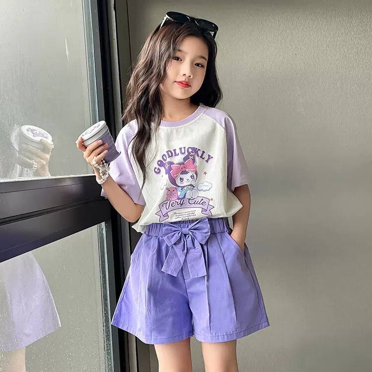 Girls' Casual suit Cartoon Short-sleeved T-shirt Summer New Style Stylish Short-sleeved Shorts Two-piece Set