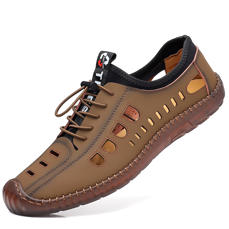 2022 summer men's leather casual men's shoes soft bottom men's casual hollow hole shoes wholesale breathable leather sandals
