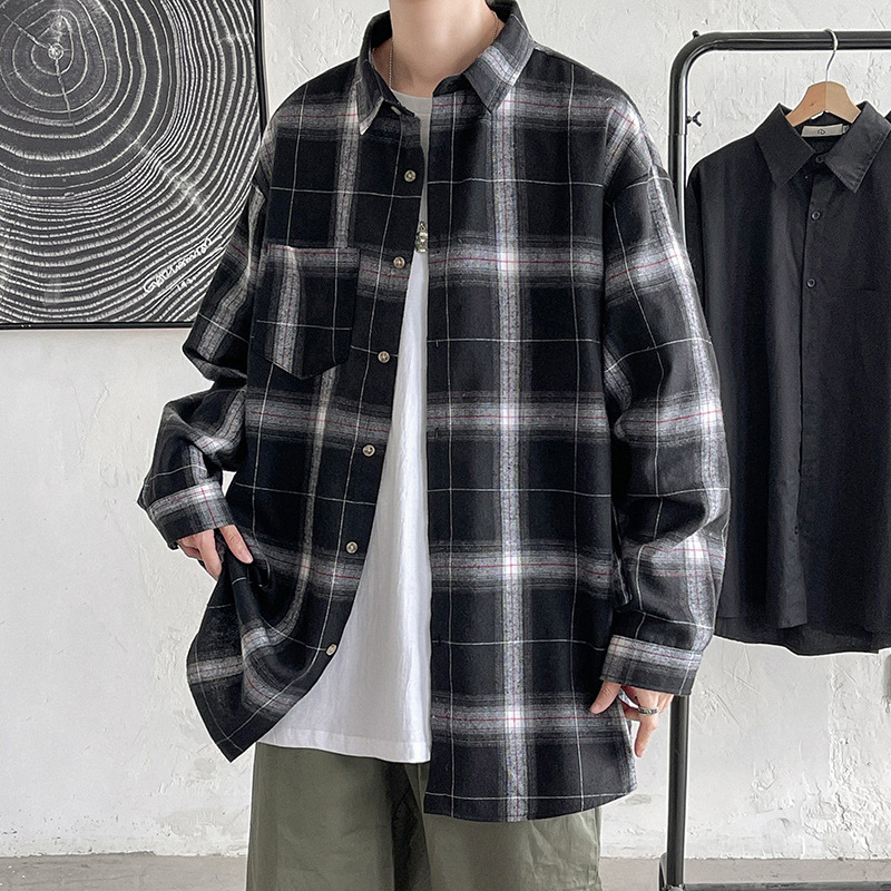 Hong Kong Style Antique Plaid Shirt Men's Spring and Autumn High Street vibe Loose Casual Korean Style ins Fashionable Large Size Jacket