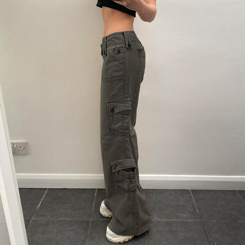 American Hot Girl low waist workwear jeans for women 2023 new street shot draping straight style multi-pocket casual trousers