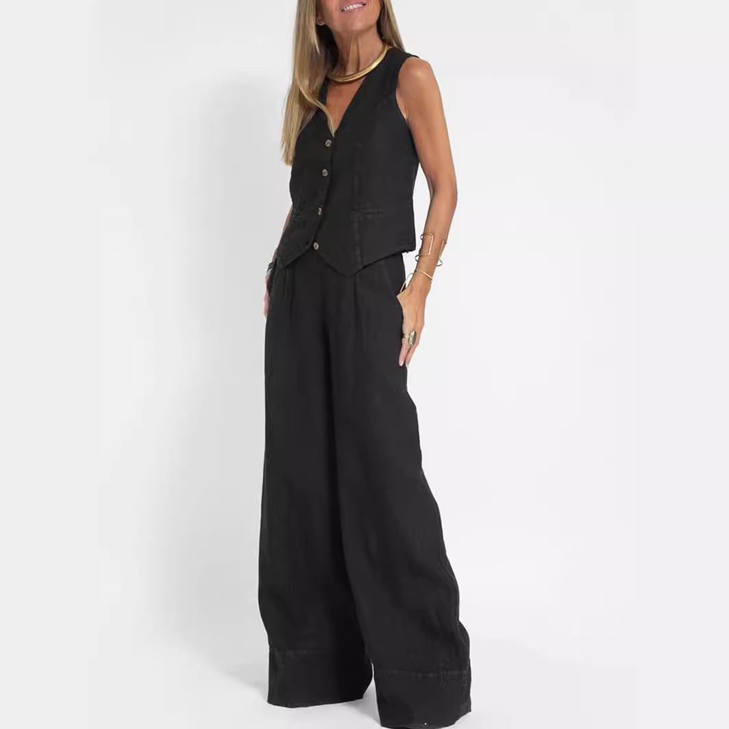 2024 European and American Cross-border Hot Selling New Fashion Vest Trousers Collage Stitching Cotton and Linen Casual Suit
