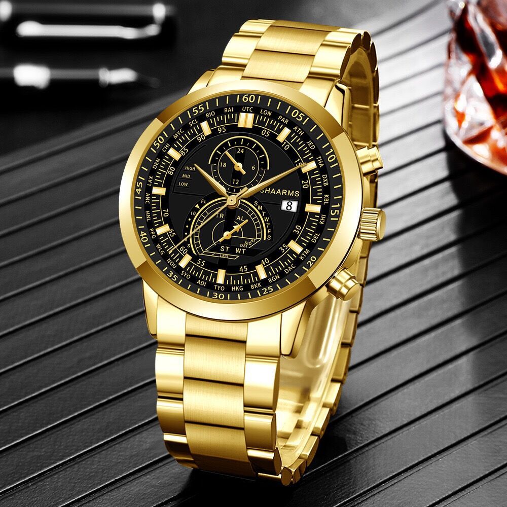 Factory wholesale atmospheric Simple Men's steel band watch simple scale quartz watch men's fake two eyes calendar men's watch