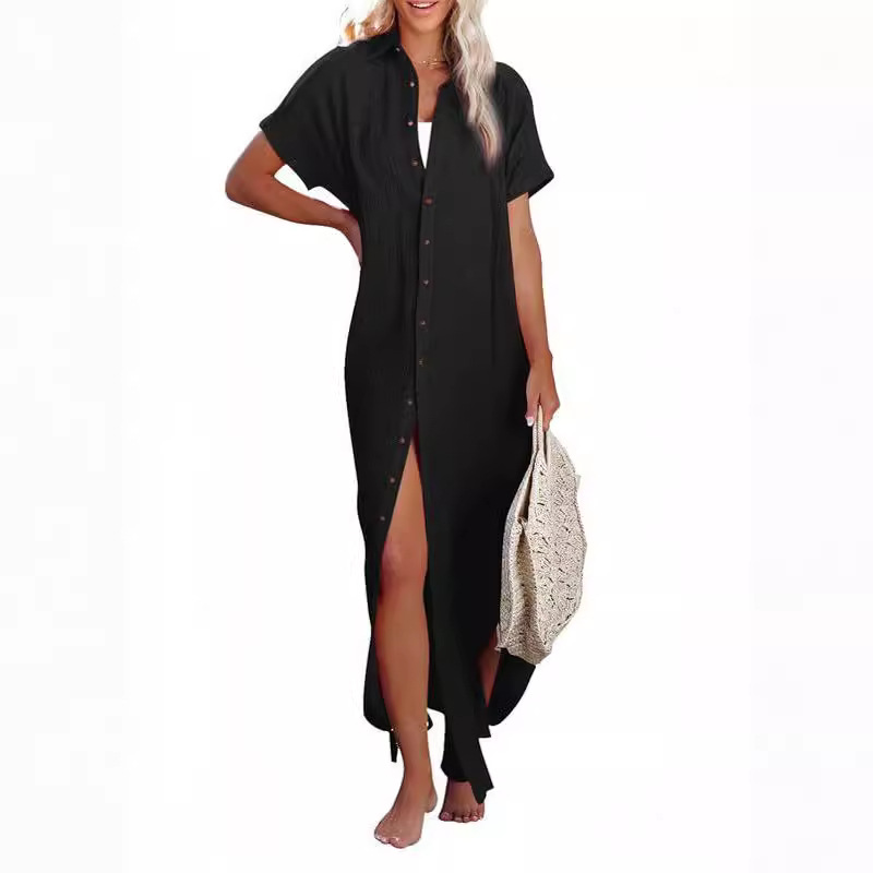 Cross-border Hot Solid Color Shirt Women's Simple Style Summer New Long V-neck Single-breasted Short-sleeved Cardigan Shirt for Women