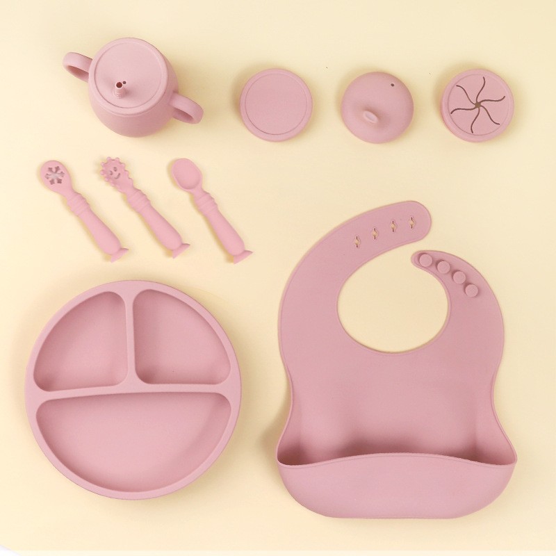 Explosive Silicone Tableware suit Children's Dinner Plate Partition Plate Baby Bib Supplemental Spoon Baby Maternal and Infant Supplies suit