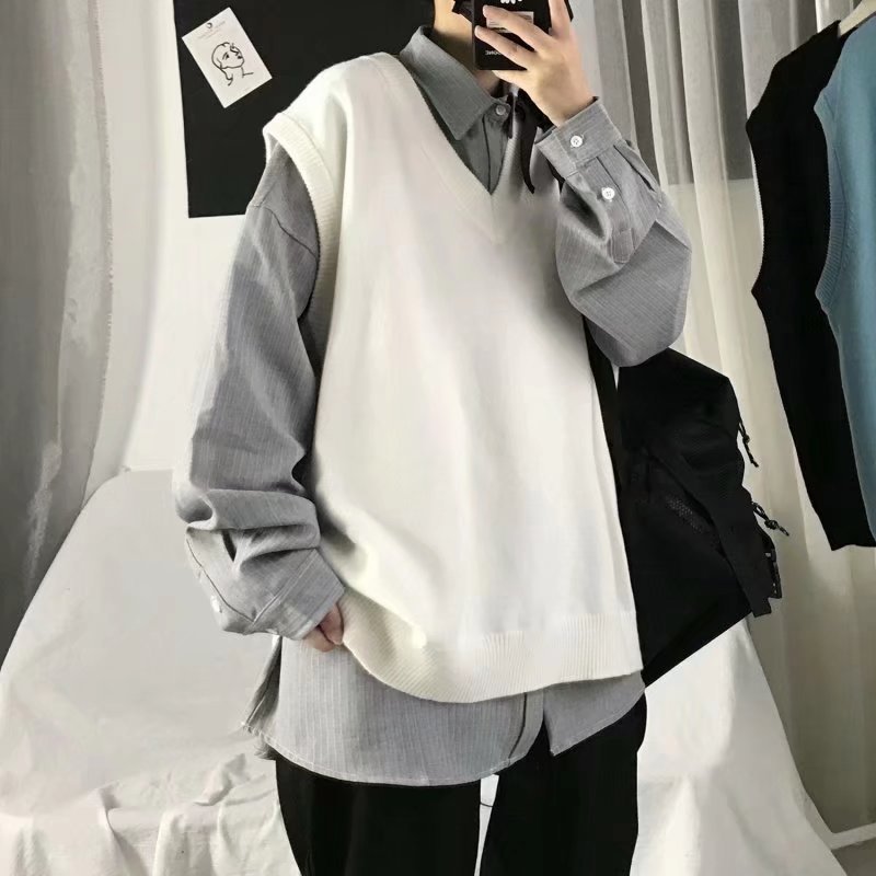 Spring and Autumn Thin Sweater Vest Men's Outer Wear Fashionable Student Loose Waistcoat Knitted Sleeveless Vest Jacket