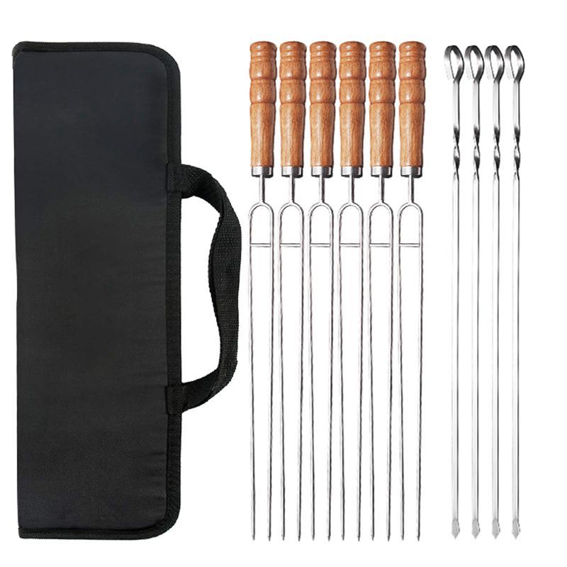 In stock outdoor barbecue needle stainless steel barbecue stick double fork barbecue string Beech handle suit American barbecue utensils