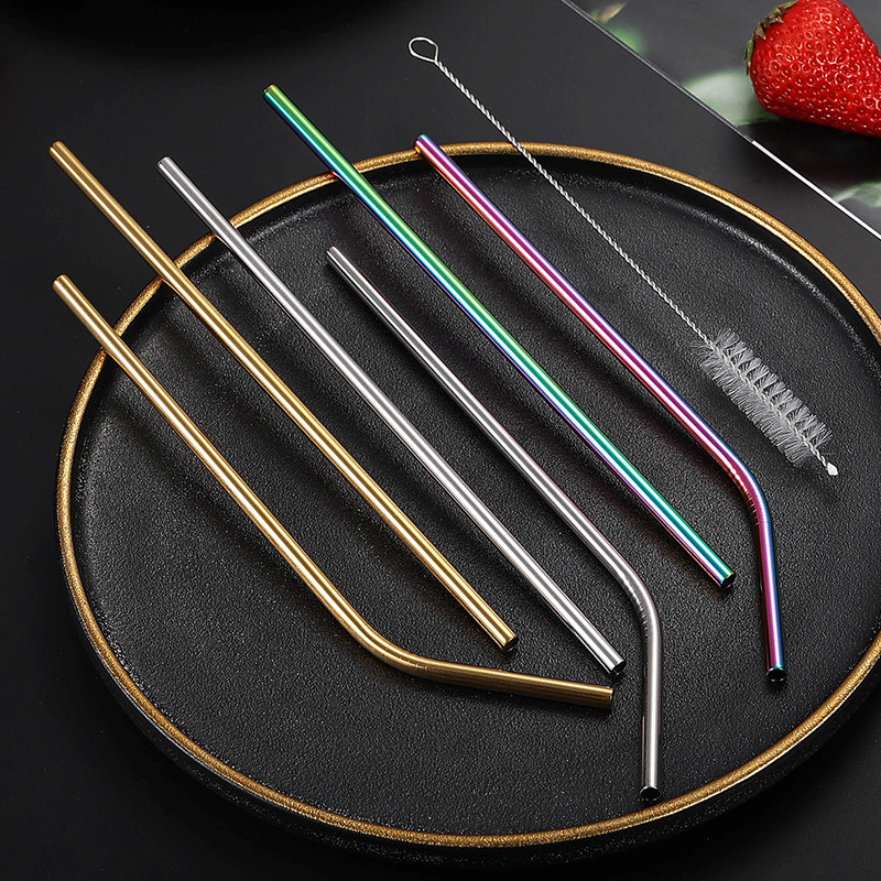 Cross-border 304 stainless steel straw suit gold-plated color metal beverage bubble tea coffee thermos cup drinking tube