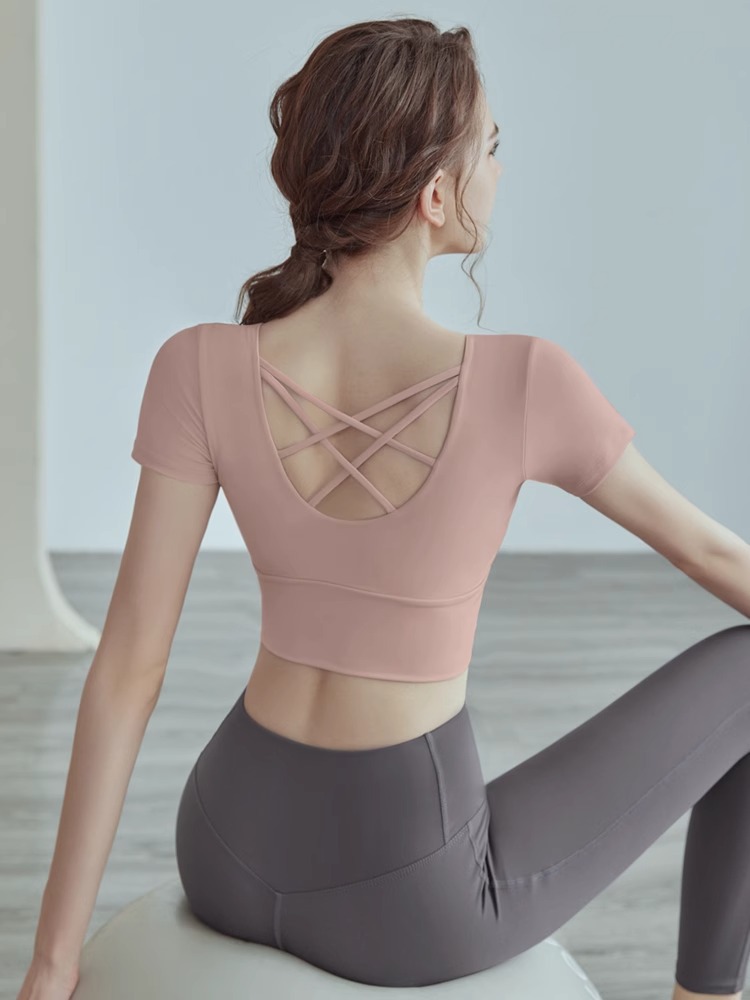 Fitness Short-sleeved Yoga Suit Top High-end Sports Underwear Women's Shockproof Short-sleeved Quick-drying Tight Clothes with Chest Pad for Women