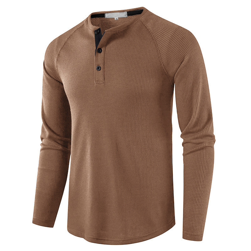2023 Autumn and Winter Cross-border Foreign Trade Men's Solid Color Waffle Henry Shirt European and American Men's Wear Long Sleeve T-shirt Wholesale